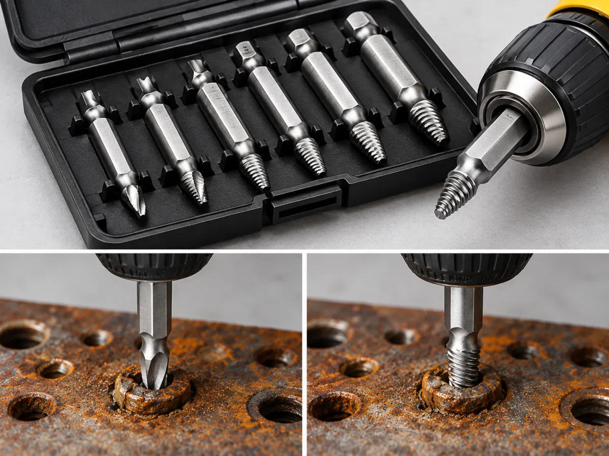 A screw extractor and other specialized tools arranged on a workbench.