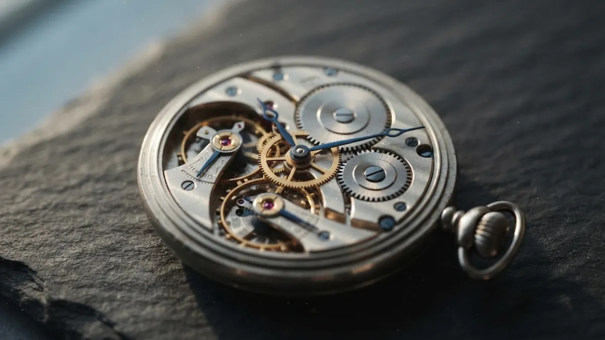 Photorealistic Macro Mechanical Watch on Slate Workbench