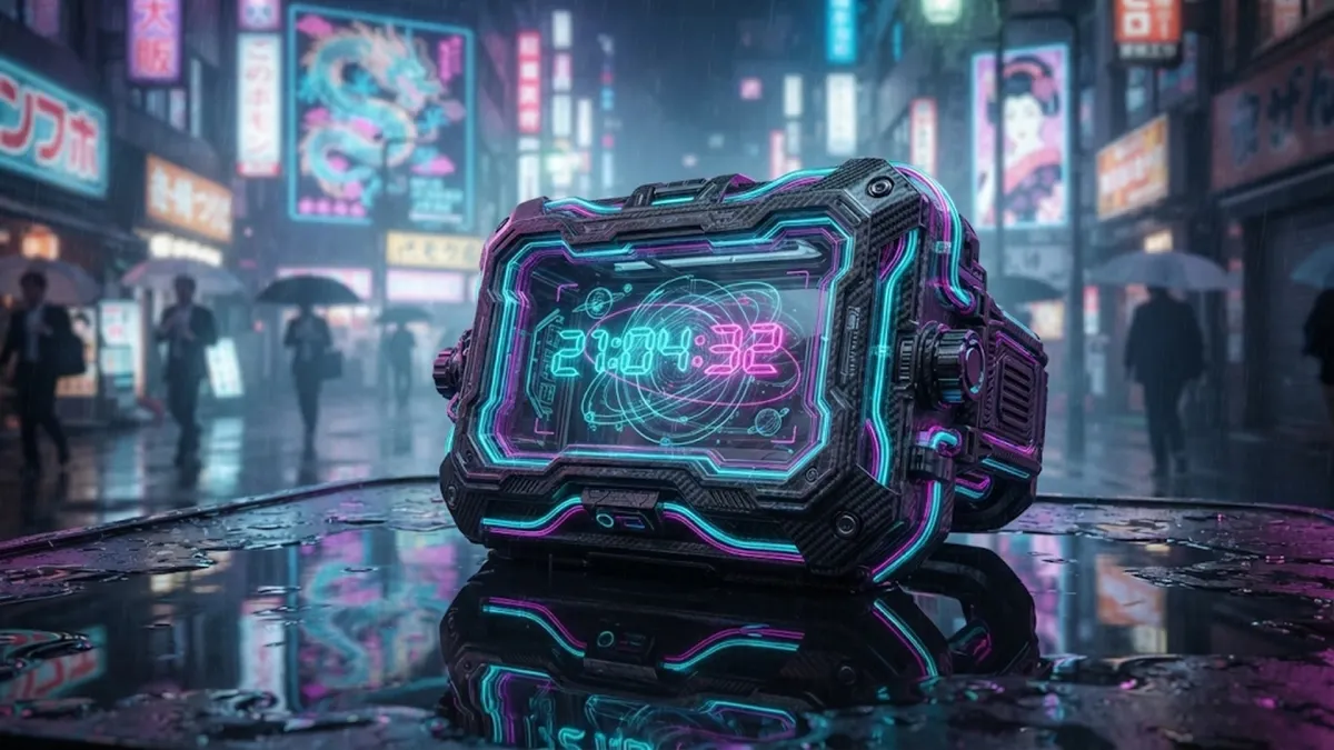 Cyberpunk Neon Chronometer on Rain-Slicked Street