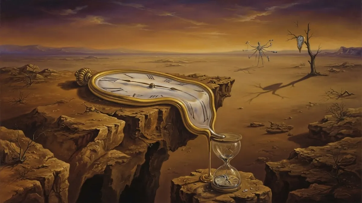 Surrealist Oil Painting with Melting Pocket Watch Over Cliff
