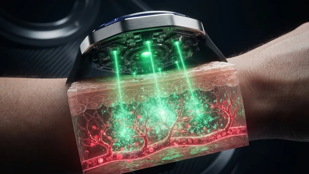 Cellular Skin Cross-Section Showing Green Light Penetration into Capillaries