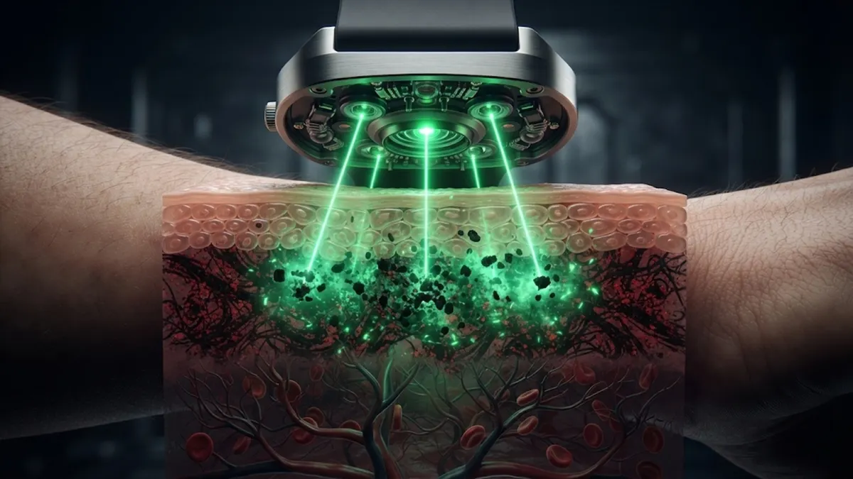 Microscopic Cross Section of Dark Tattoo Ink Particles Blocking Sensor Light