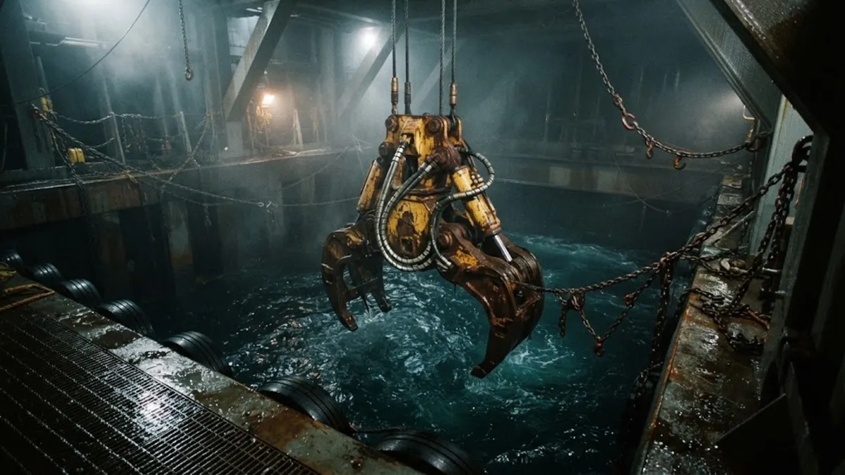 The Clementine Hydraulic Mechanical Claw Suspended Inside the Flooded Moon Pool