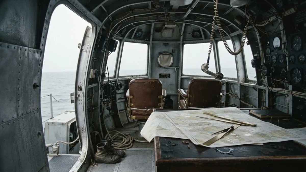 Interior View of the Intact Naval Airship Control Gondola with Open Door and Navigation Charts