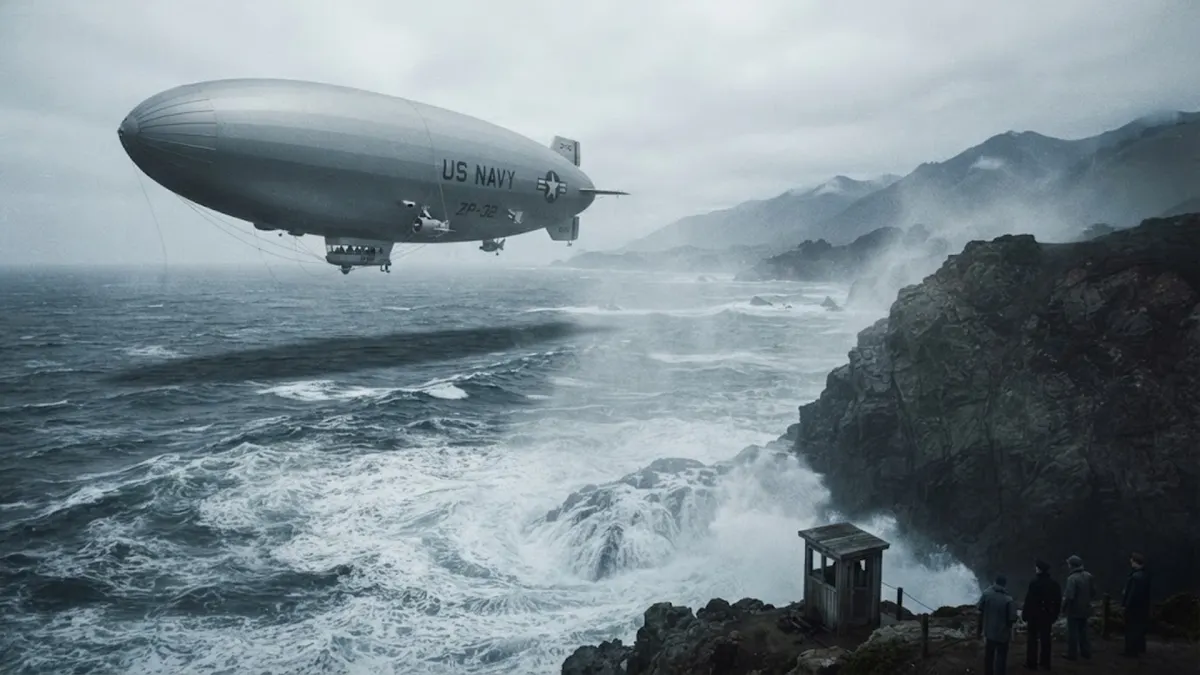 US Navy Patrol Airship Patrolling Stormy Waves off Northern California Cliffs