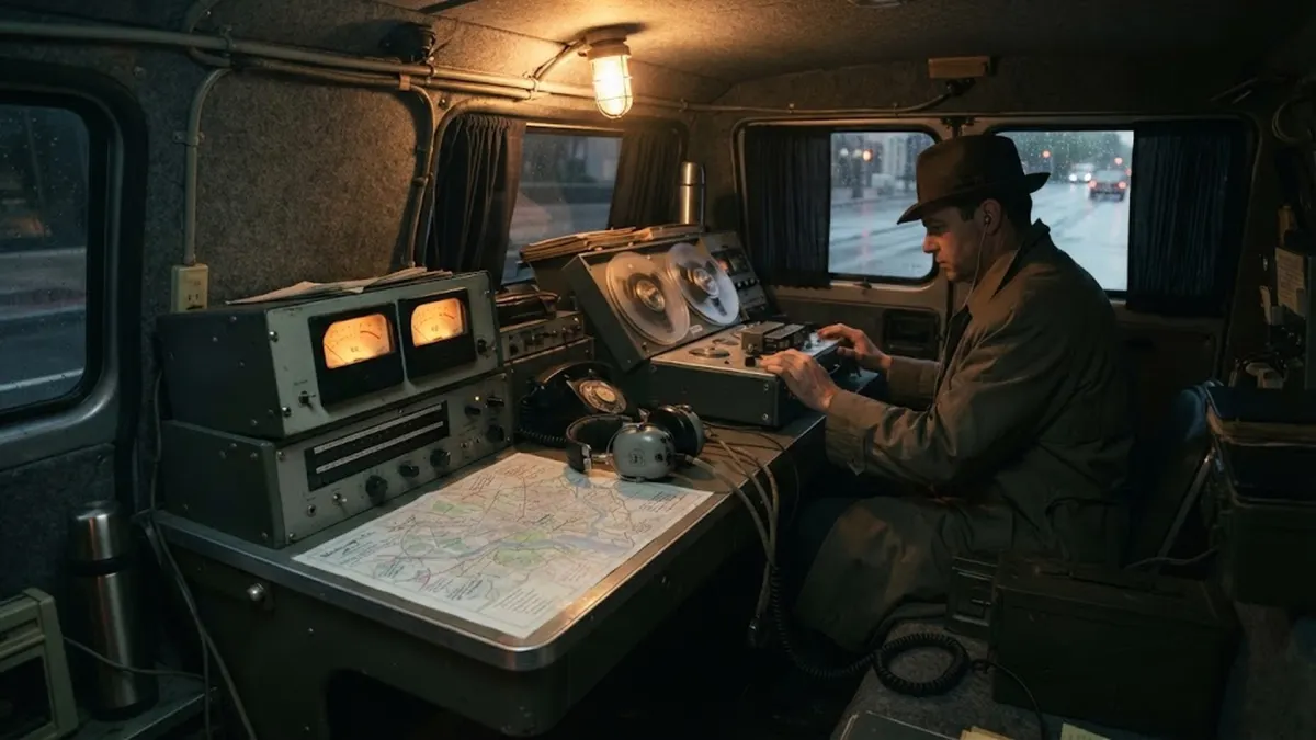 Technician Inside an Unmarked 1960s Government Audio Surveillance Van