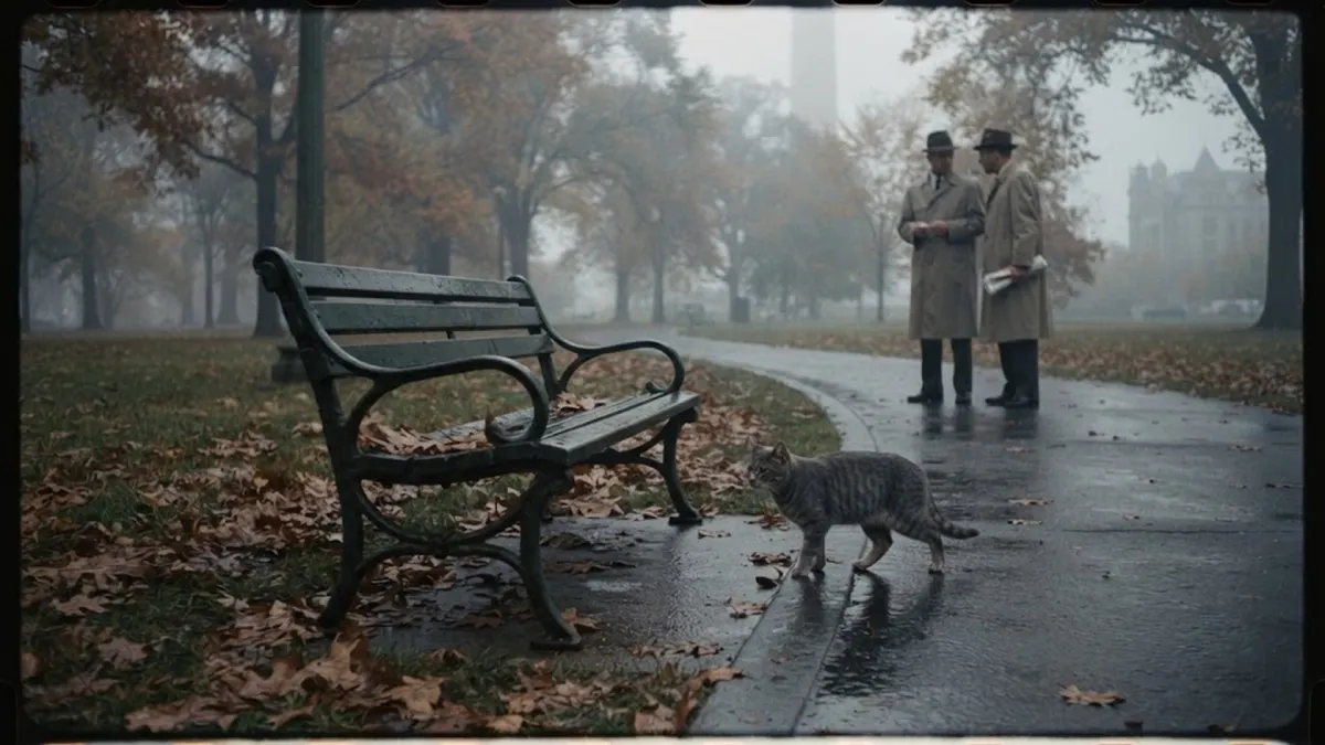 A Domestic Cat Walking Near a Washington Park Bench Under Covert Surveillance