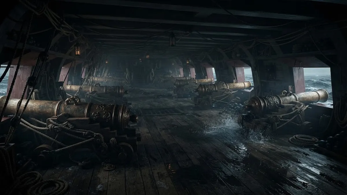 Interior View of the Dimly Lit Vasa Lower Gun Deck with Cast Bronze Cannons Flooded with Water