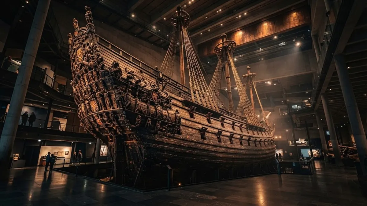 The Gigantic Blackened Oak Hull of the Vasa Restored Under Spotlights in Stockholm Museum