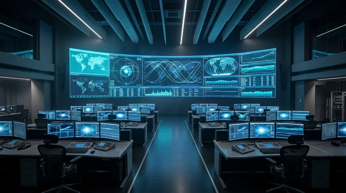 Aerospace mission control center monitoring satellite trajectories across large telemetry displays