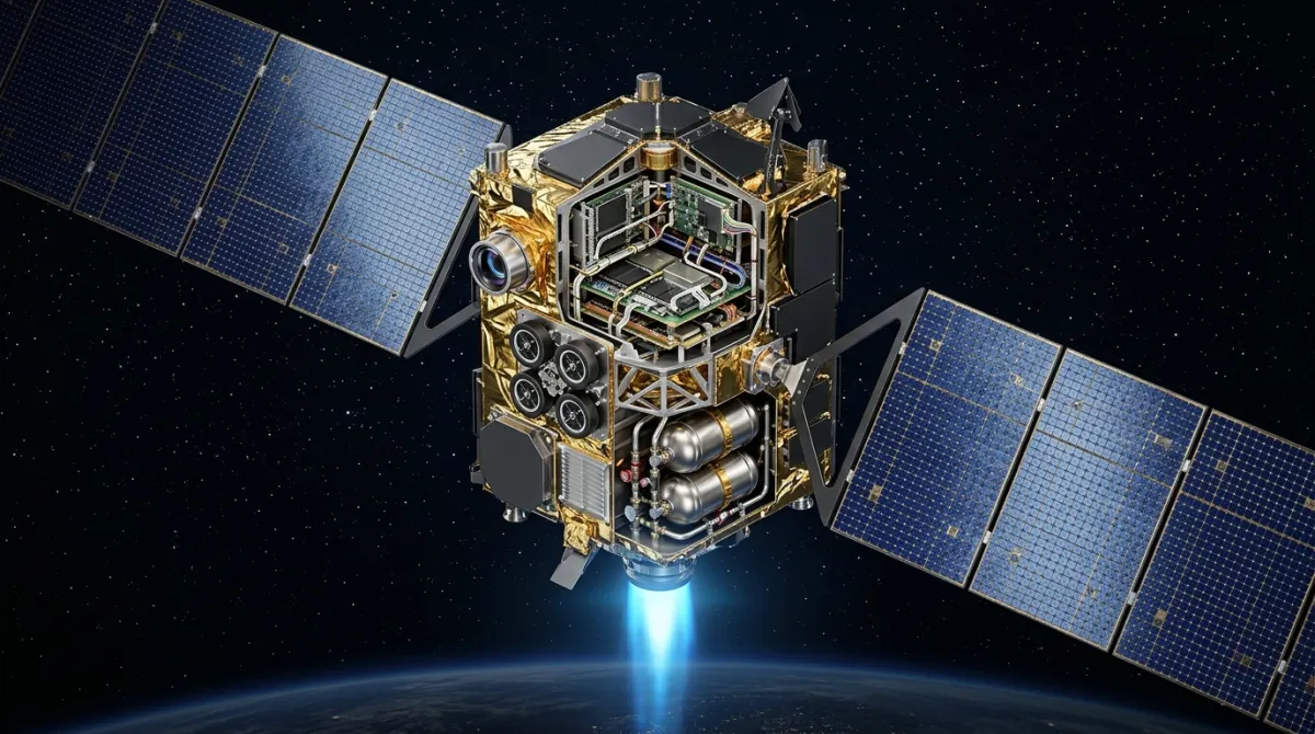 Isometric 3D cutaway diagram of a communications satellite showing internal avionics and ion thrusters
