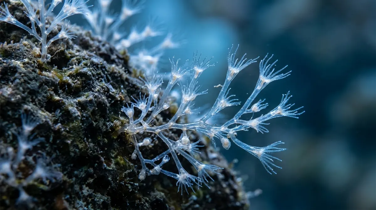 Translucent hydrozoan polyp colonies budding along textured underwater marine surfaces