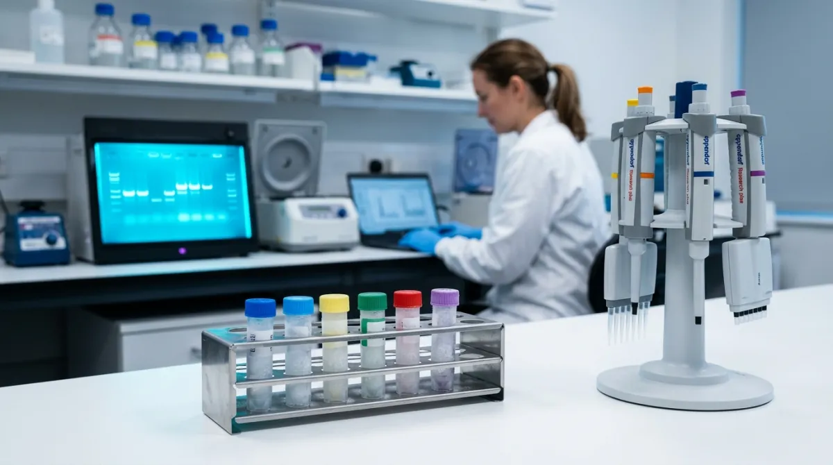 Biomedical genetics laboratory bench with cryogenic storage and illuminated DNA visualization