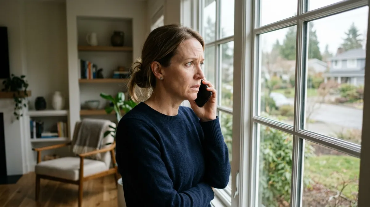 Concerned person holding smartphone to their ear in living room