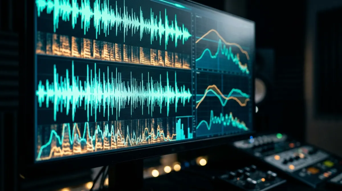 Audio sound engineering monitor displaying digital voice waveforms and frequency spectrograms