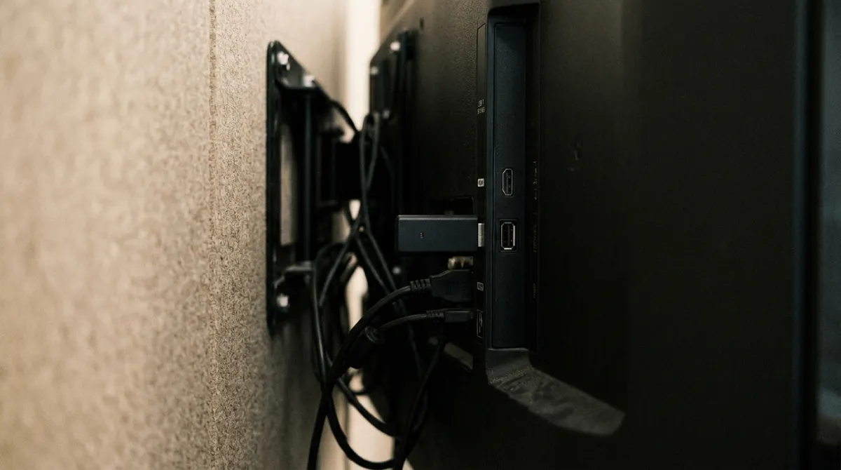 Covert encrypted USB recording bug plugged behind conference room television monitor