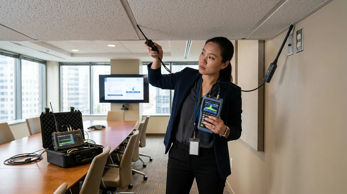 Technical surveillance countermeasures specialist conducting radio frequency spectrum sweep in corporate boardroom