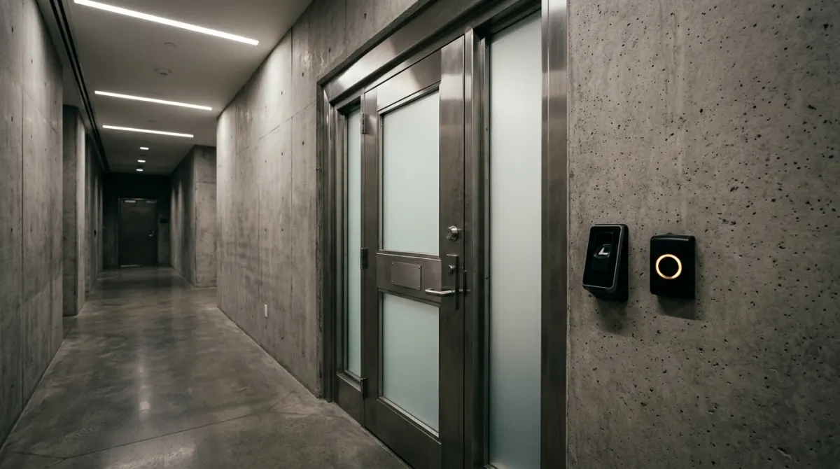 High-security corporate SCIF corridor with soundproof steel doors and biometric access control reader