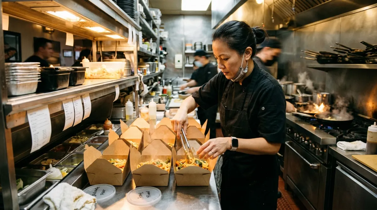 Neighborhood restaurant chef packing steaming takeout meals into brown cardboard food boxes