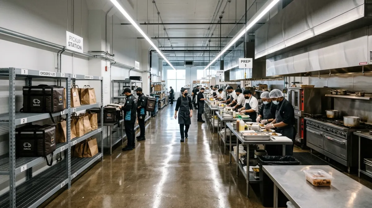 Industrial commissary ghost kitchen prep lines with stainless steel counters and thermal delivery bags