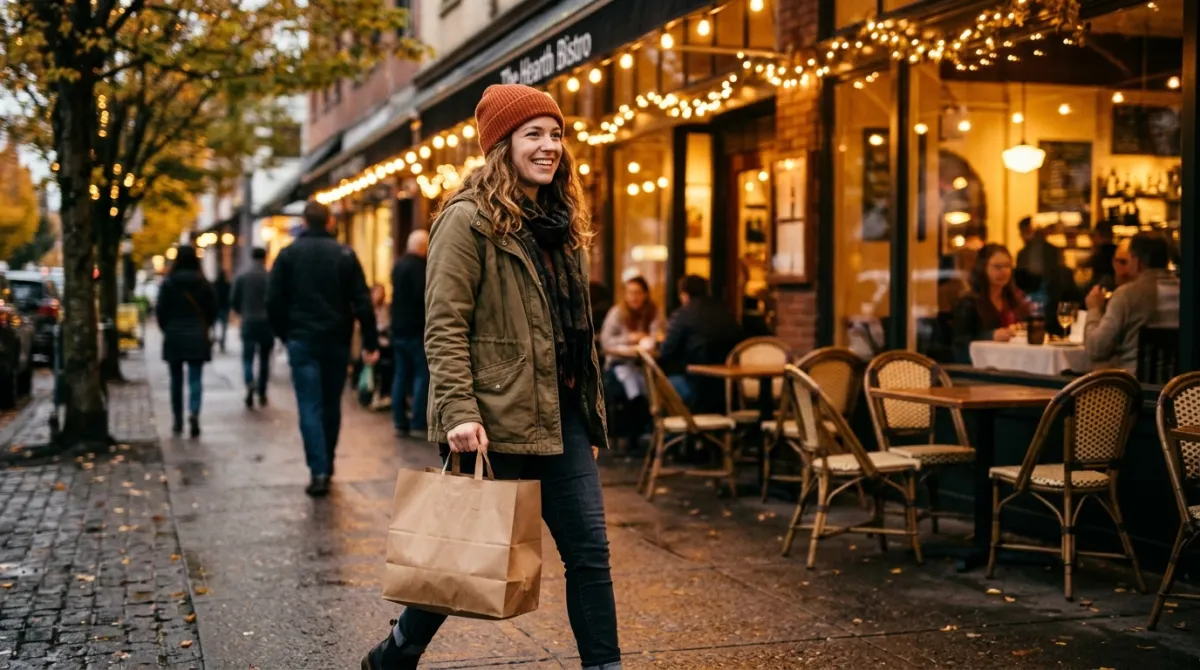 Customer walking along vibrant evening commercial street carrying paper takeout bag from direct restaurant pickup