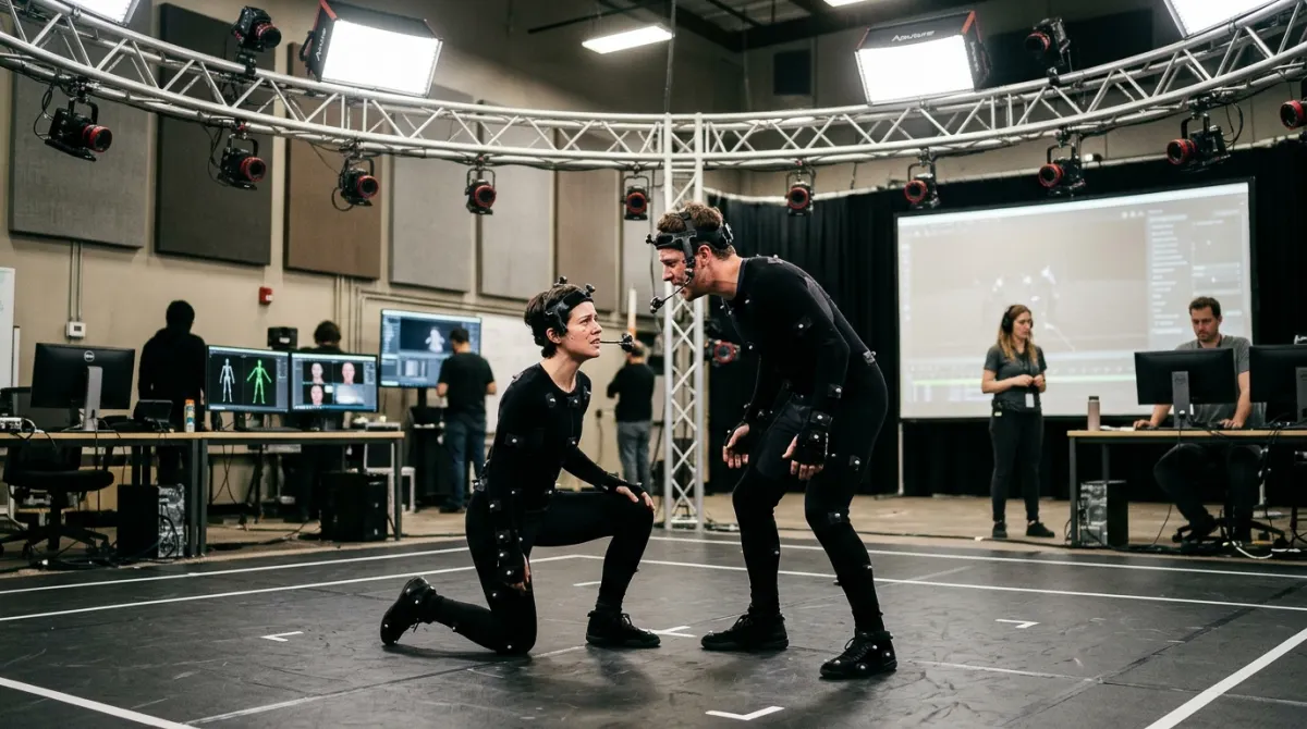 Optical motion capture soundstage with actors in sensor suits surrounded by camera trusses