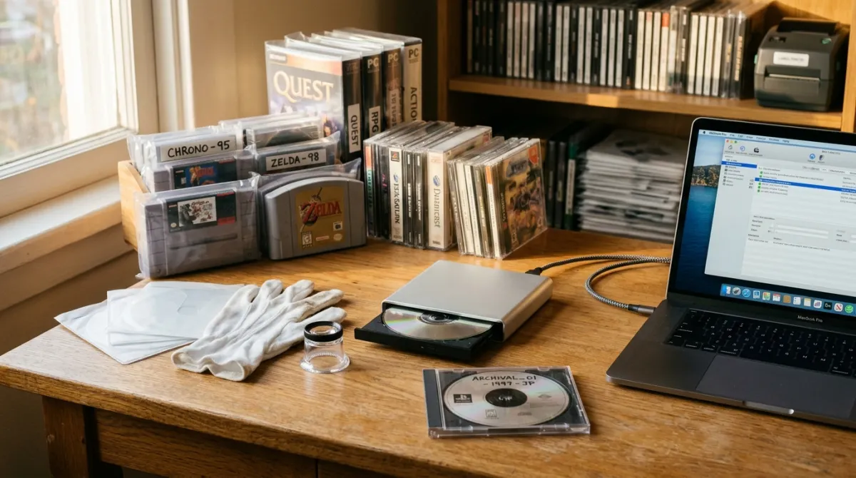 Retro video game physical cartridges and optical disc preservation archive station