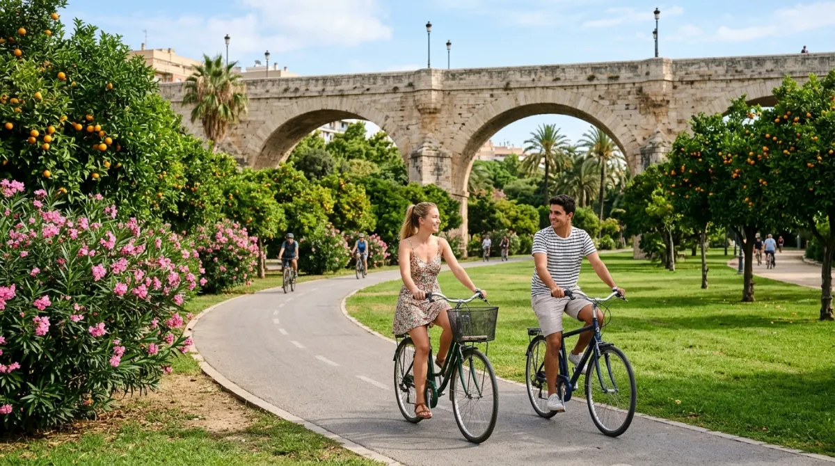 People cycling along Turia Gardens park paths in Valencia Spain