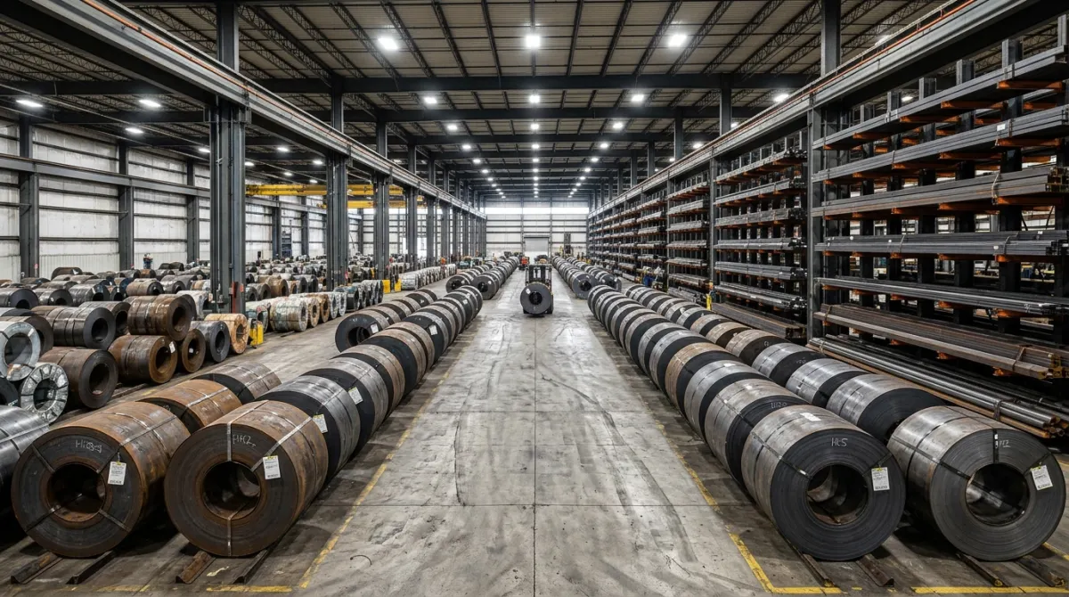 Commercial warehouse storage racks with raw steel bars