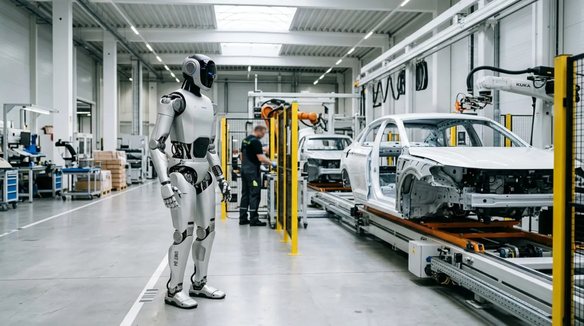 Humanoid robot helper assisting automotive factory assembly line