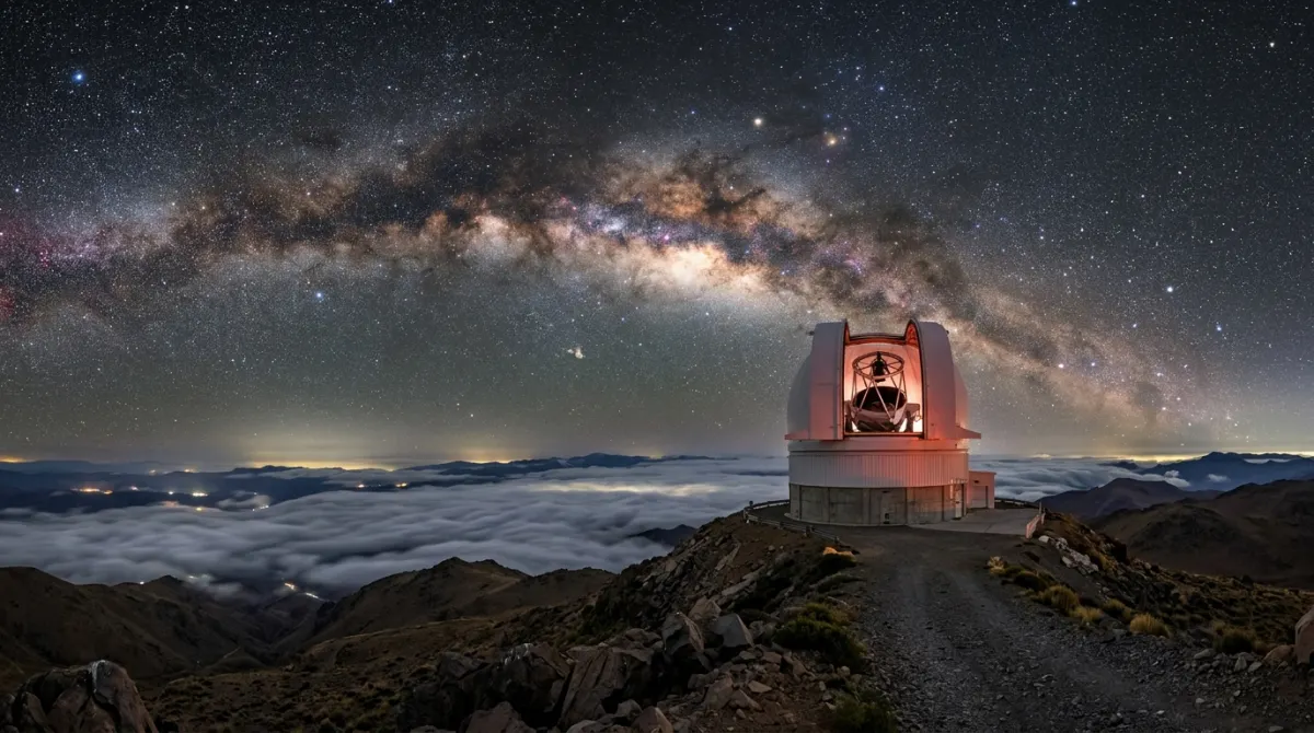 Mountaintop optical observatory telescope under starry Milky Way sky
