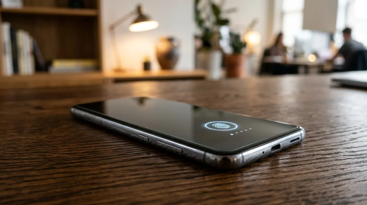 Entering PIN security code on smartphone screen in coffee shop