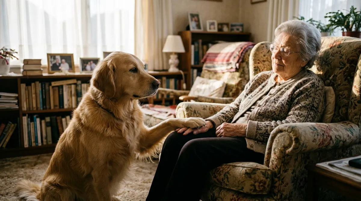 Golden retriever dog comforting an elderly person