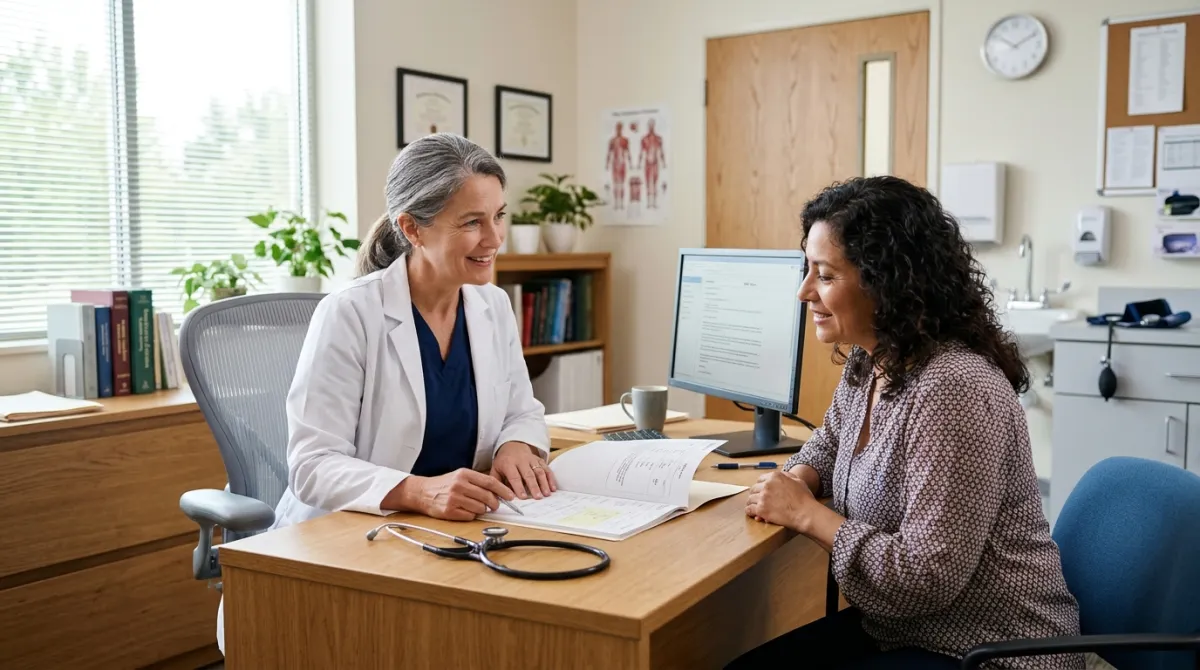 Family doctor consulting with patient about medications
