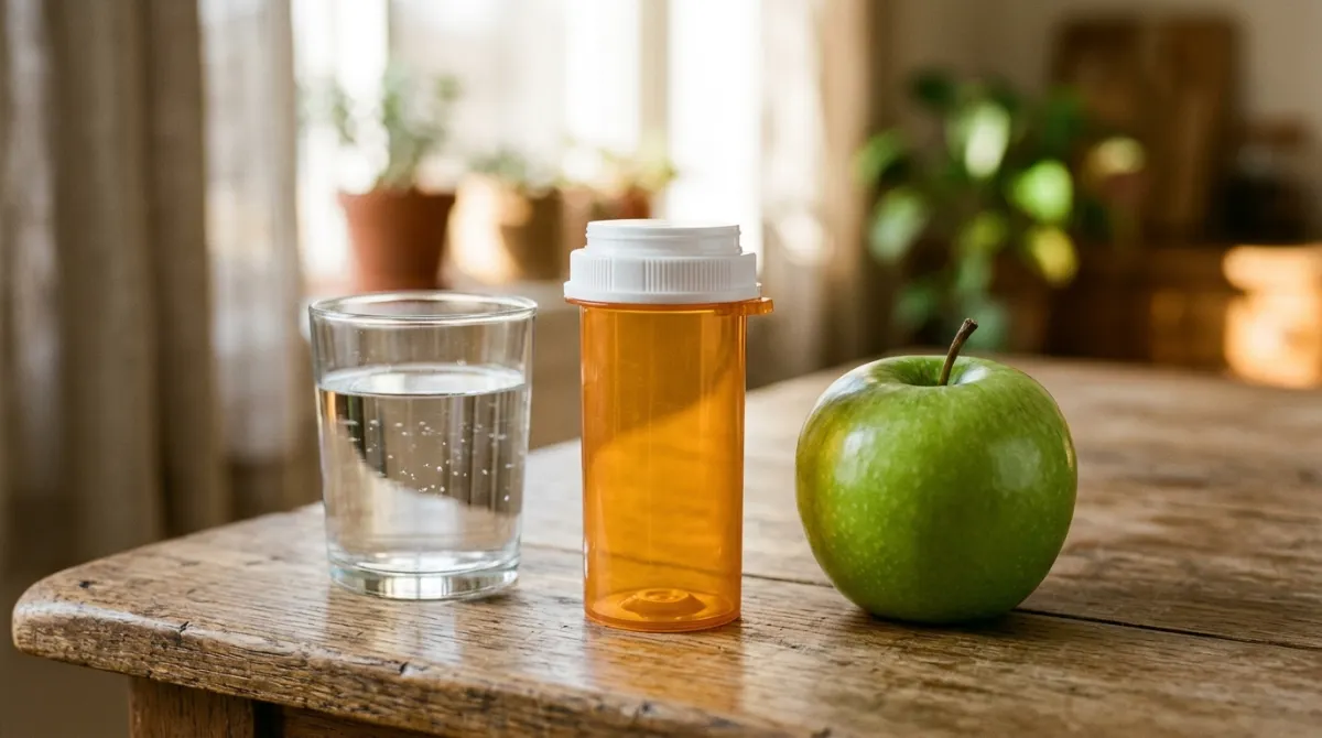 Prescription medication bottle beside fresh fruit and water