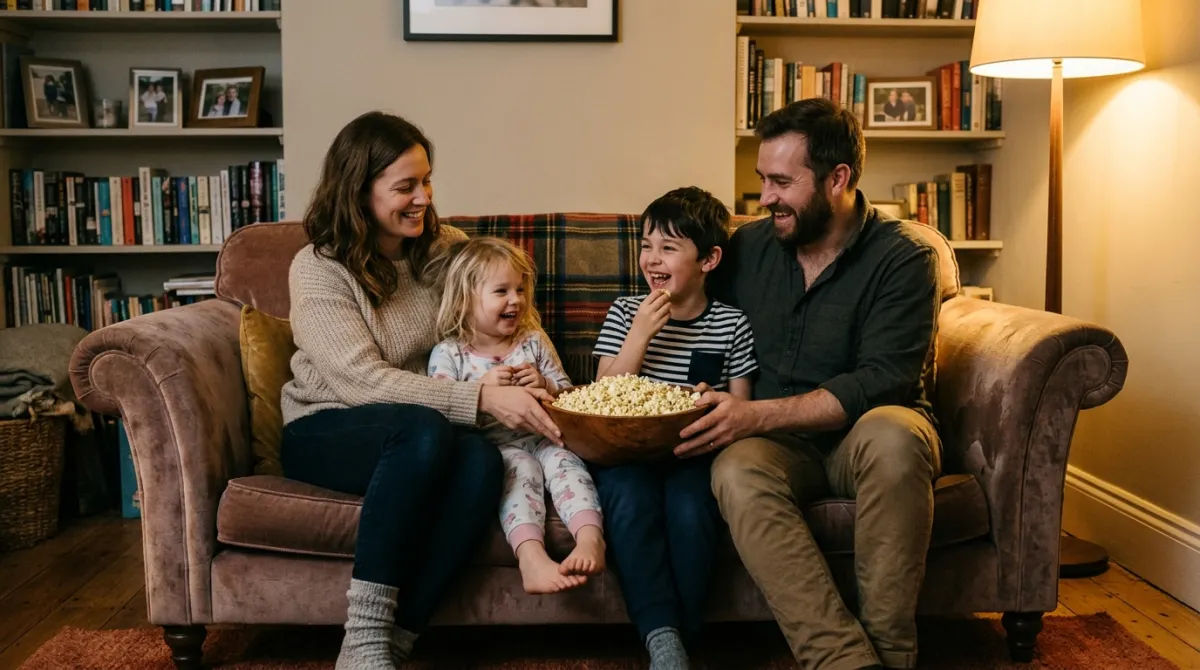 Family enjoying evening television streaming