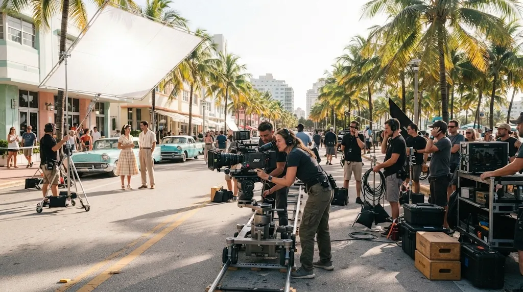 Live-action commercial film production crew filming in Miami street