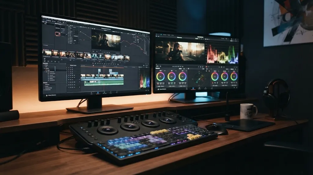 Professional video editing suite with timeline tracks and color grading