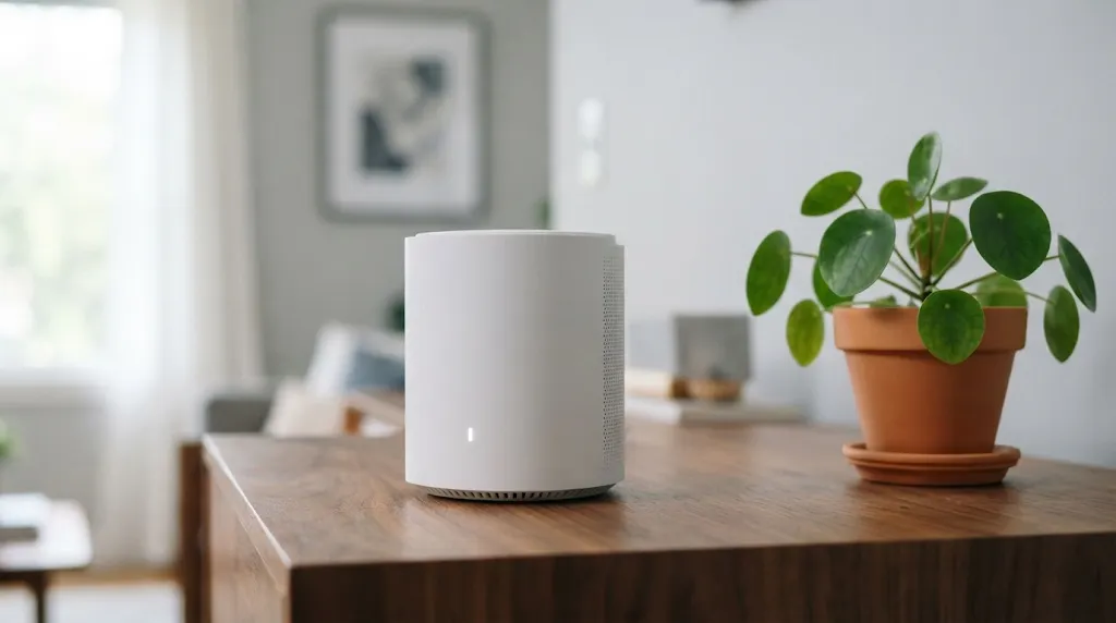 Modern wireless Wi-Fi 6 mesh router on apartment sideboard