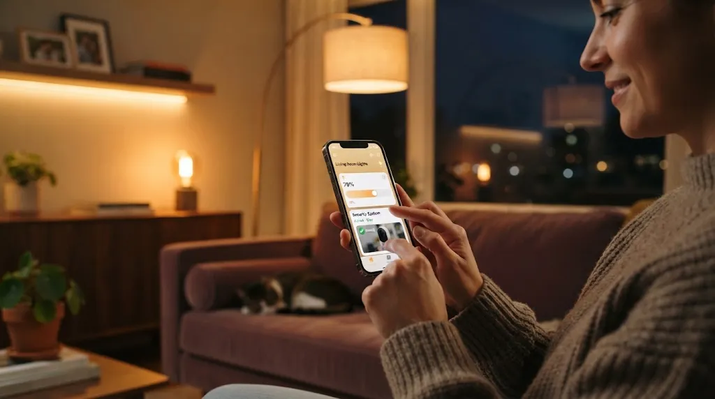 Homeowner controlling smart devices and lighting from phone