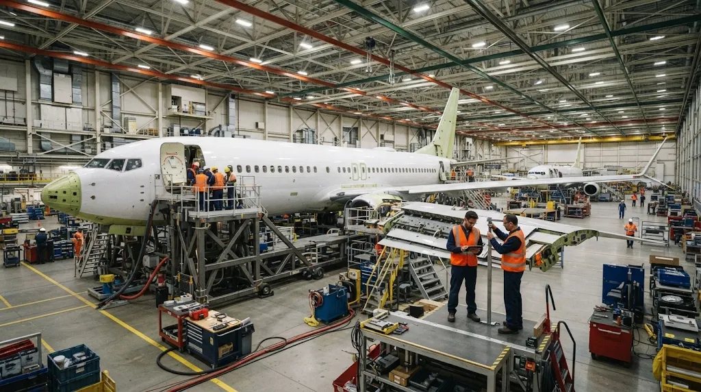 Boeing 737 Max commercial aircraft assembly hangar