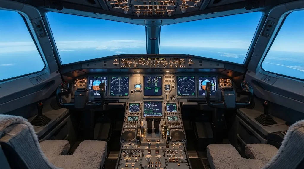 Modern airliner cockpit flight deck glass instrumentation