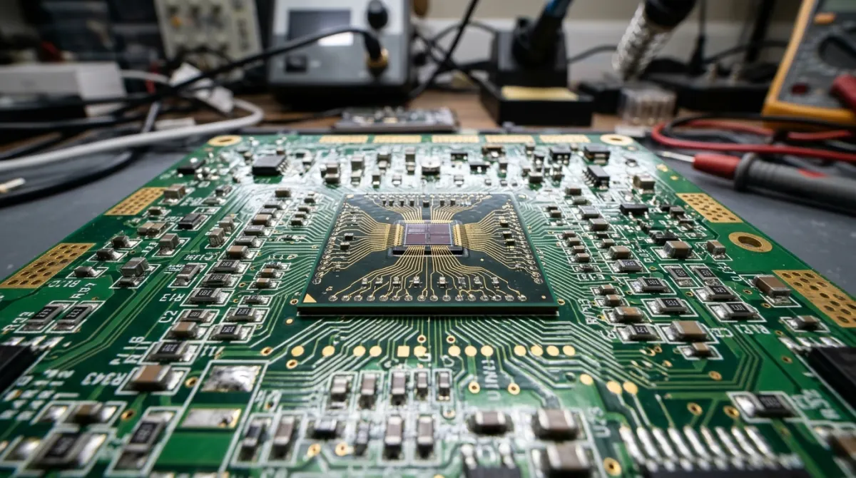 Microchip processor on electronic circuit board workbench