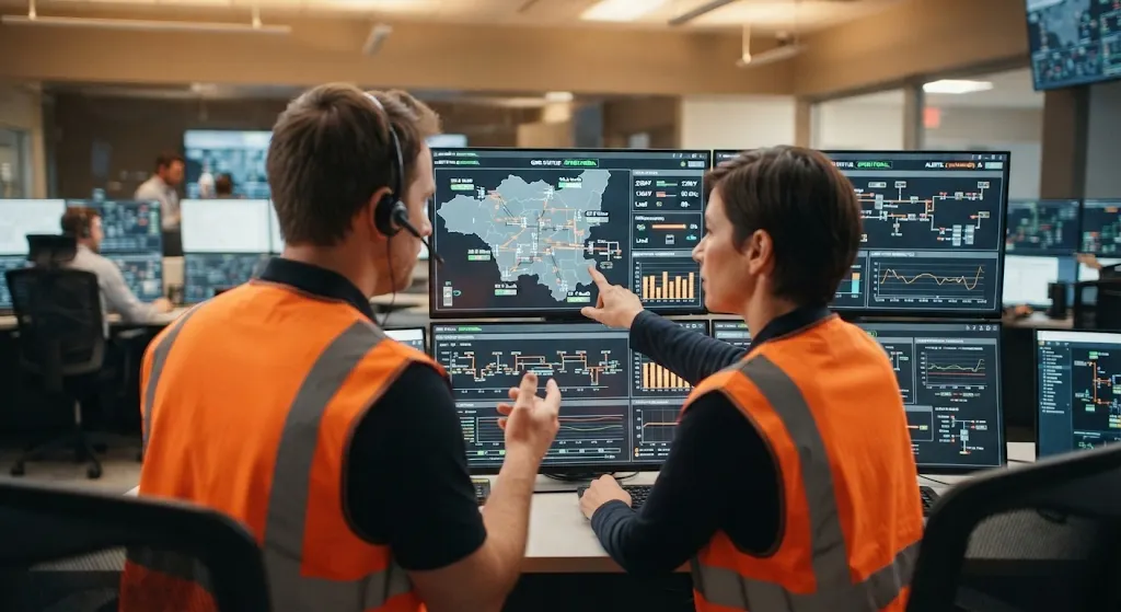 Power grid engineers in control facility monitoring electrical schematics