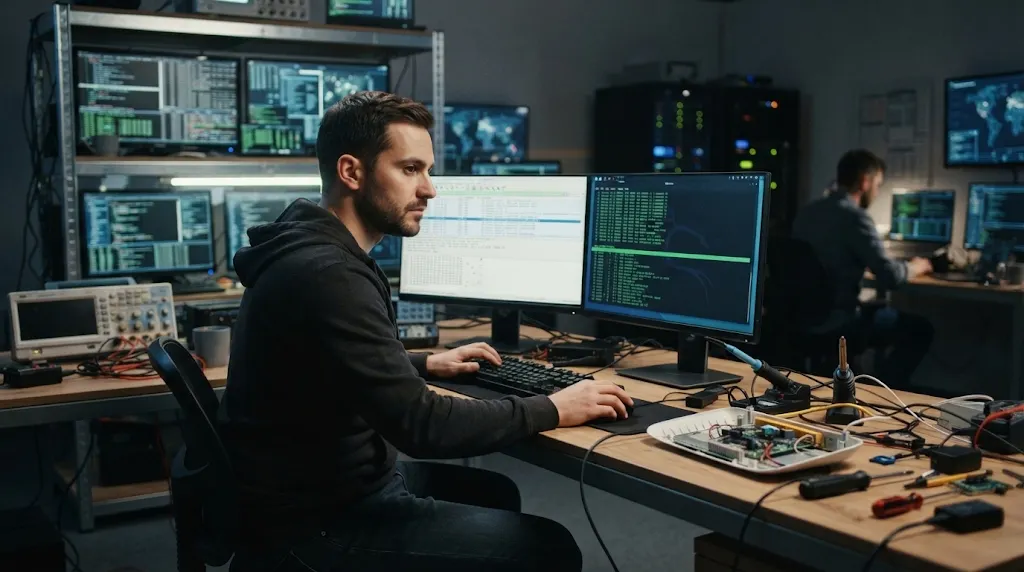 Cybersecurity testing lab analyzing network packets from smart home devices