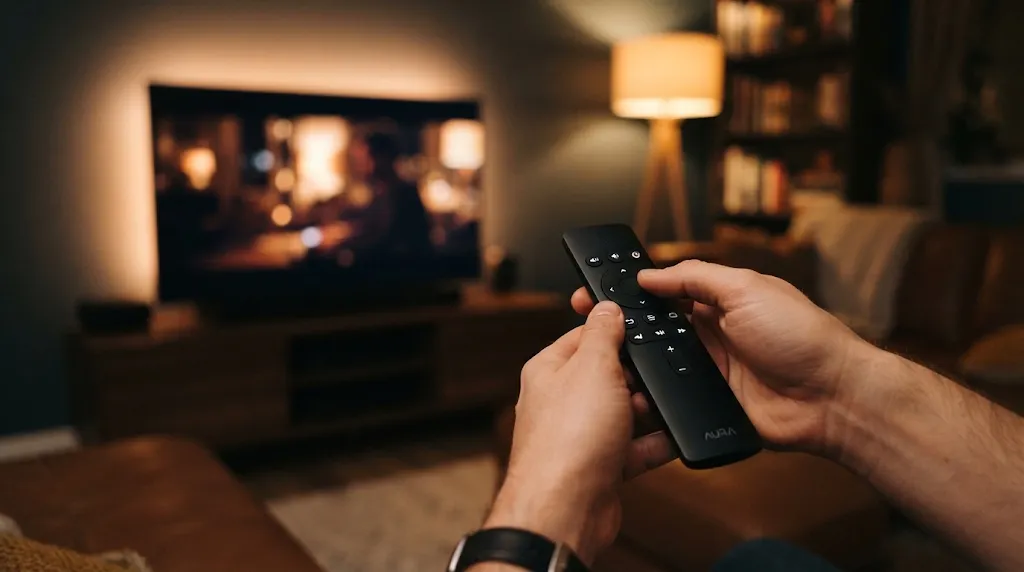 Hands holding modern television remote control pointing toward living room TV