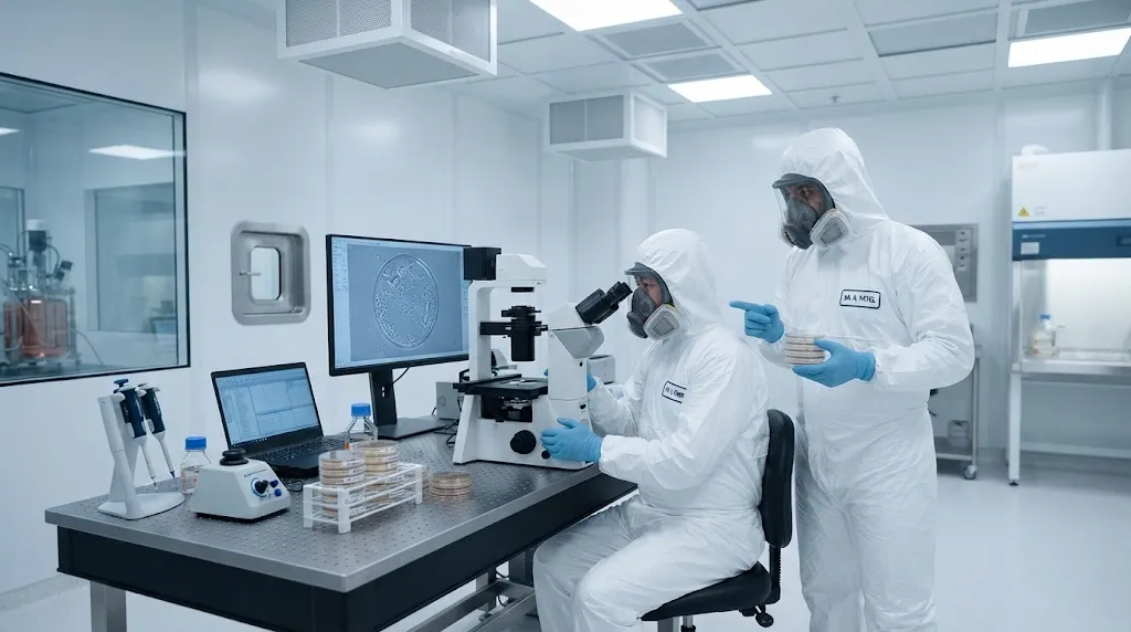 MIT cleanroom researchers inspecting bio-hybrid microrobot petri dishes under microscope