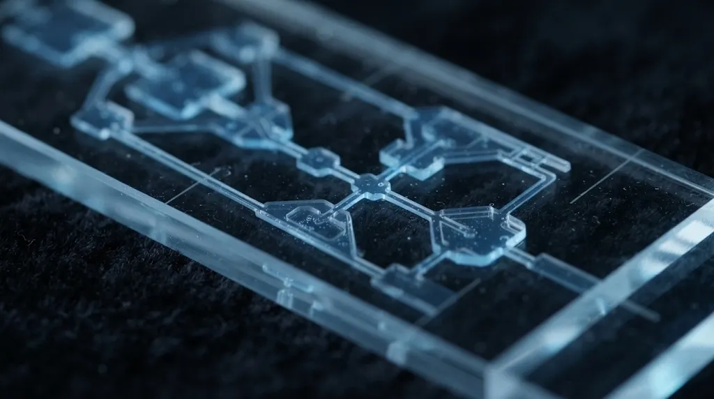 Macro close-up of transparent microfluidic glass chip laboratory test