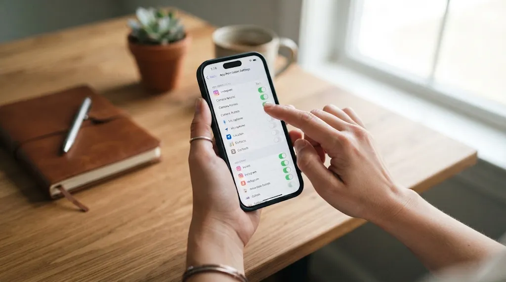 Person holding modern smartphone scrolling through app privacy settings