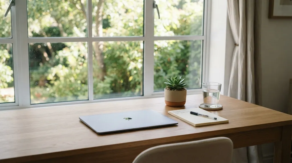 Clean minimalist home office desk overlooking window with laptop and notebook